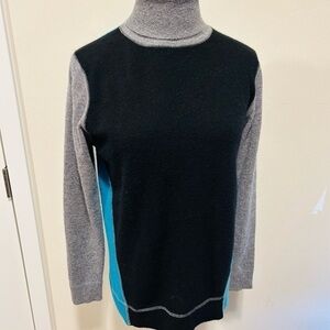 IN Cashmere 100% 2-Ply Cashmere Color Block Blue Black Gray Turtleneck Sweater S